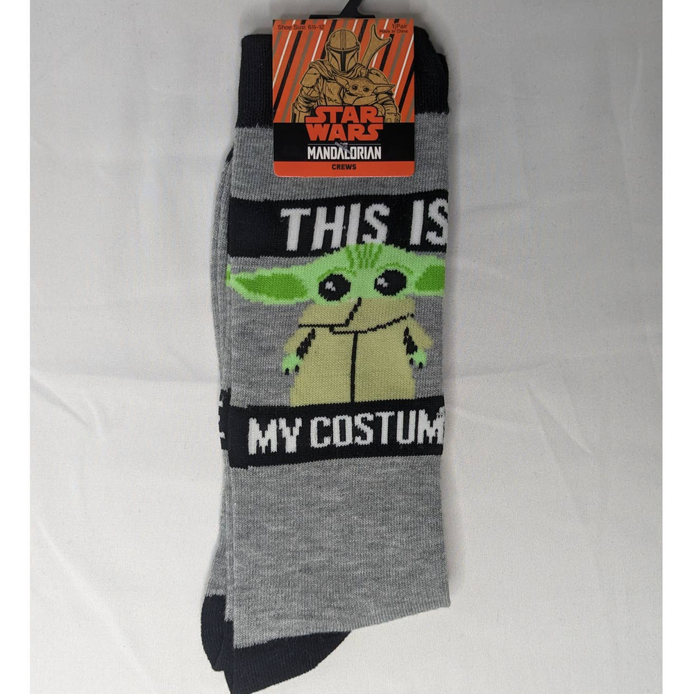 Mandalorian 1 Pair Crew Socks Baby Yoda This is my Costume Black Gray Sz 6.5-12